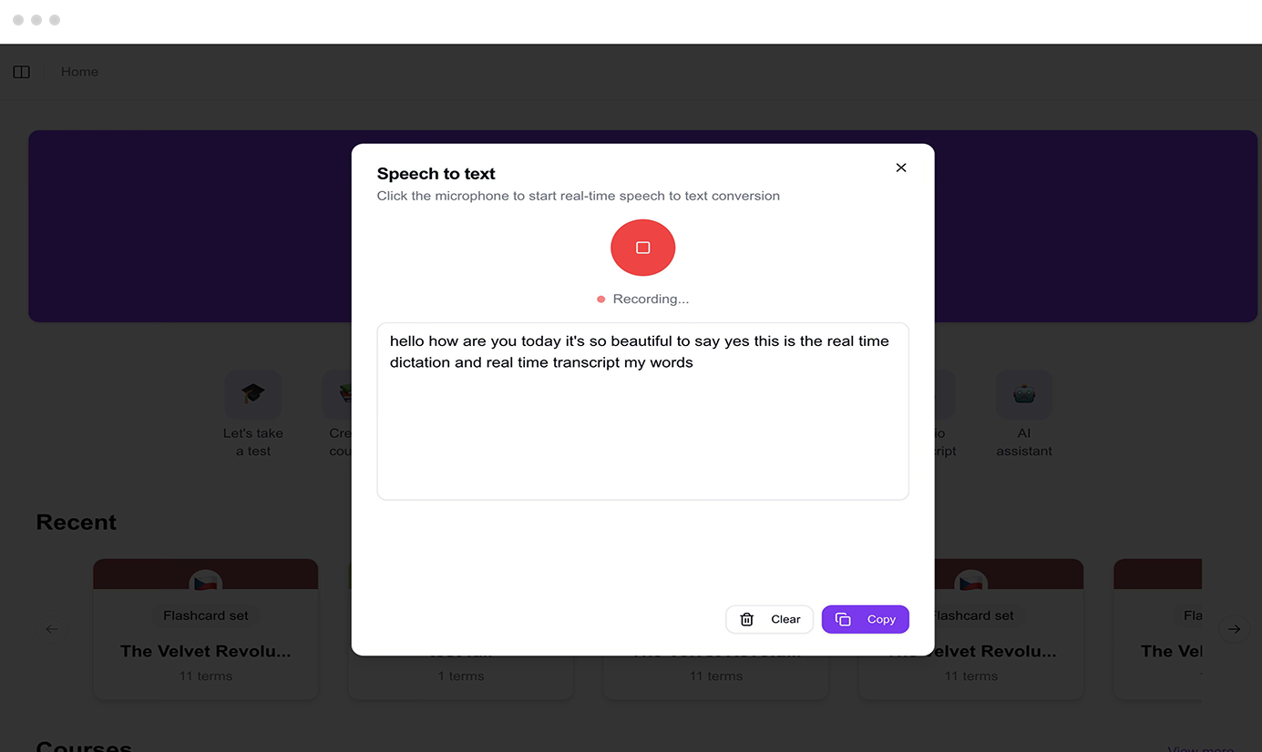 Speech to text and flashcard interface